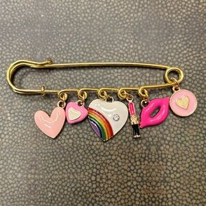 New fun Gold and Pink Charm Safety Pin Brooch valentine girly rainbow